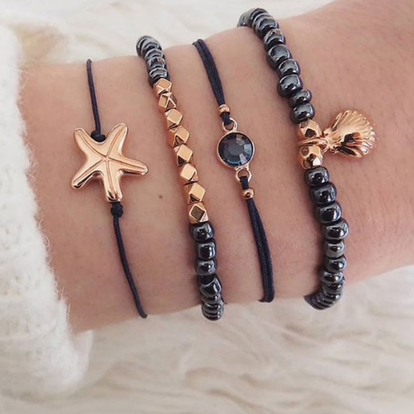 Black & Goldtone Beaded Coastal Bracelet Set - Picture 2 of 2